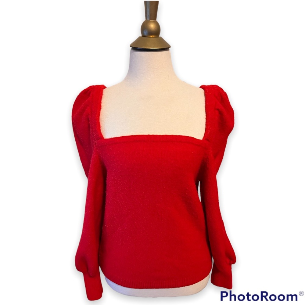 H&M Puff Sleeve Wool Blend Square Neck Sweater